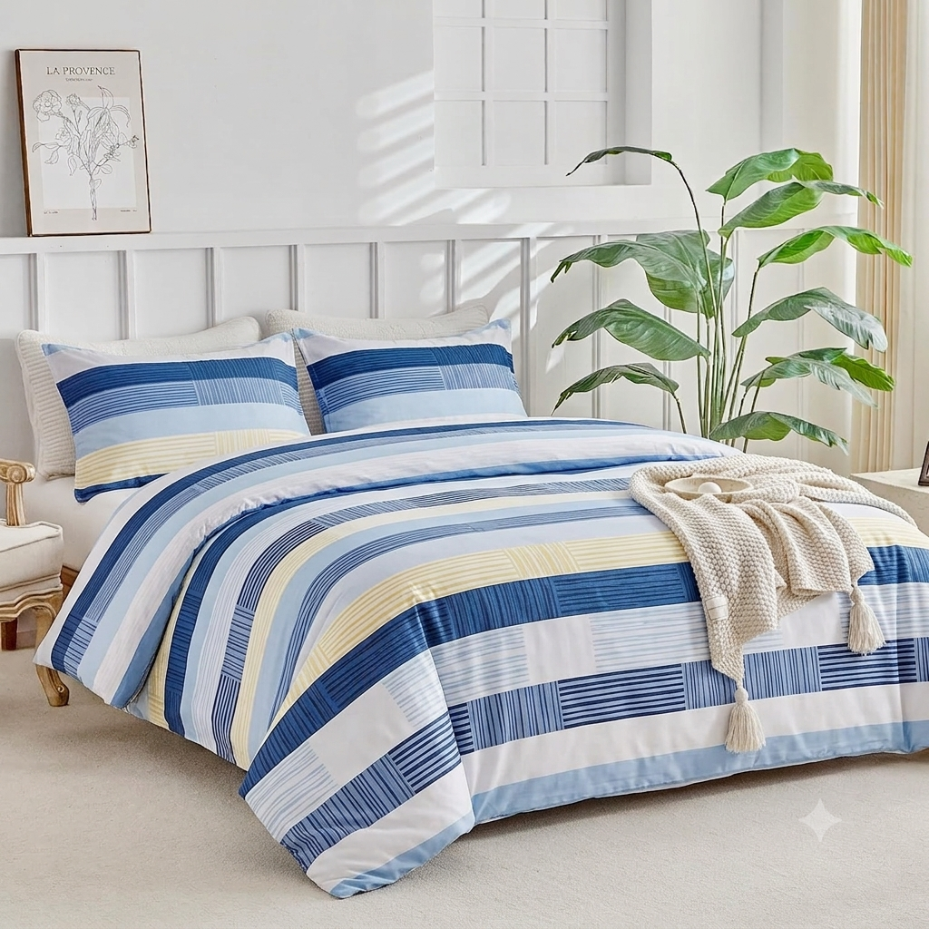 A striped bedding set in shades of blue, navy, white, and beige, styled on a bed in a bright, modern bedroom with a white headboard, a large green houseplant, and a cream knit throw blanket.